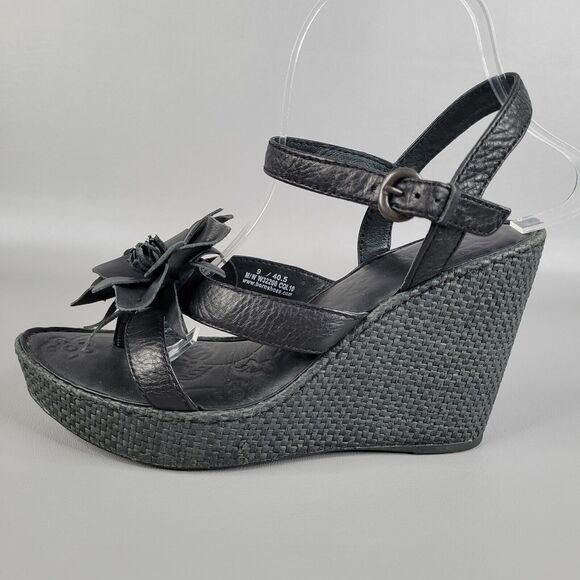 Born Womens Black Leather Flower Wedge Platform Leather Strappy Sandals Size 9 - Picture 2 of 12